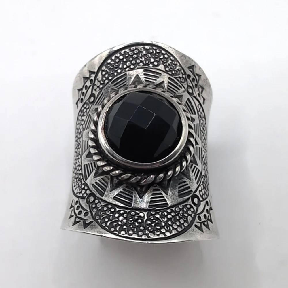 Vintage NF 925 Sterling Silver Faceted Black Stone Hematite Thai Thailand Ring